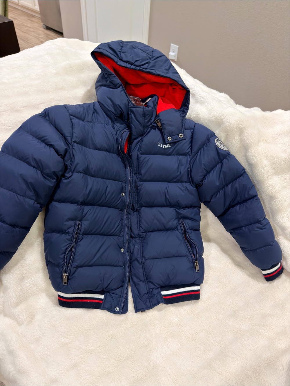 Diesel Kids Navy Puffer Jacket with Red Hood Lining